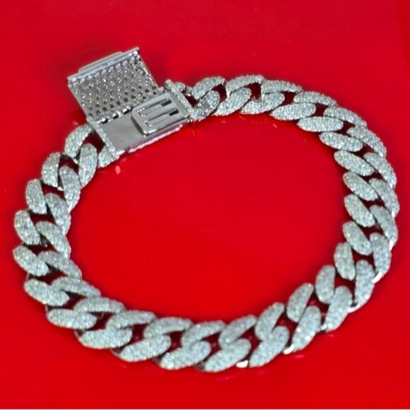 925 Sterling Silver Unisex Cuban Link Bracelet 7" with Real Moissanite Gem - Picture 9 of 12